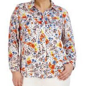 Jones New York Satin Twill Slim-Fit Utility Floral Print Patch Pockets Blouse XL